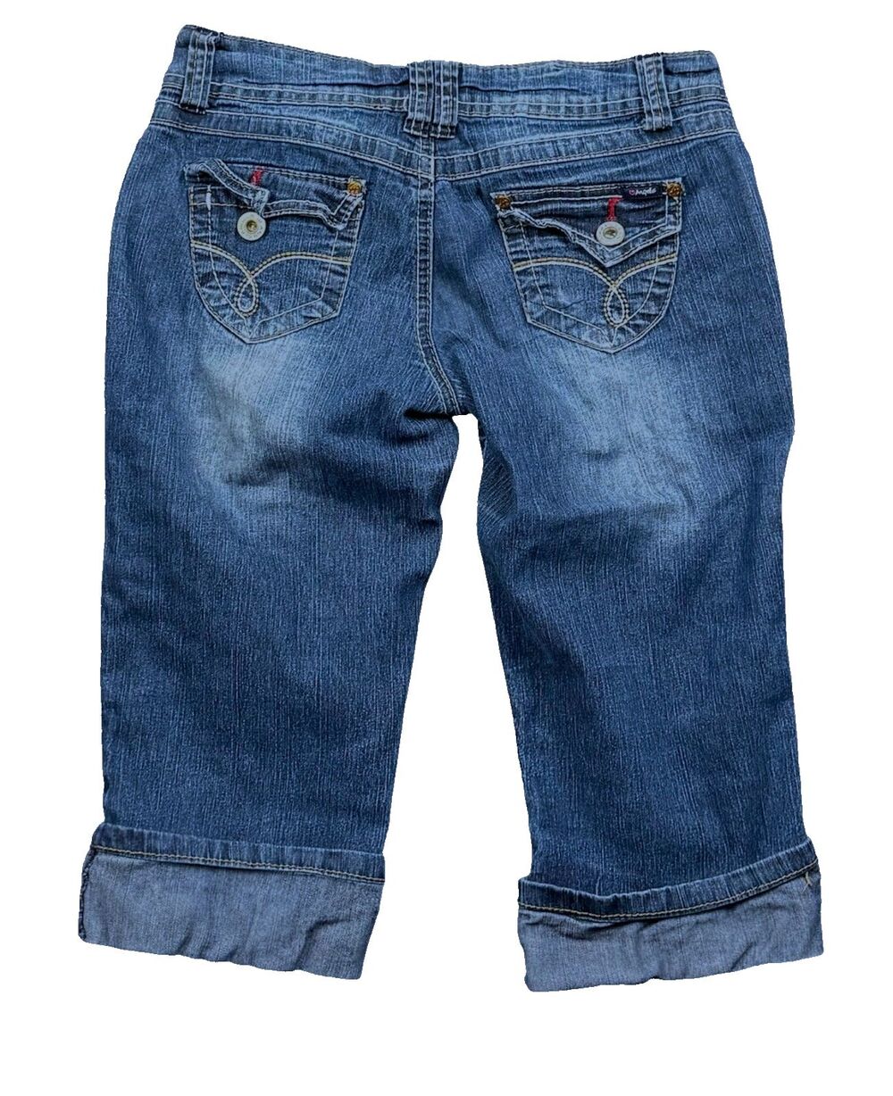 Vintage Y2K Angels Cuffed Capris Jeans 5 Flap Pockets Low Rise Medium Wash Denim